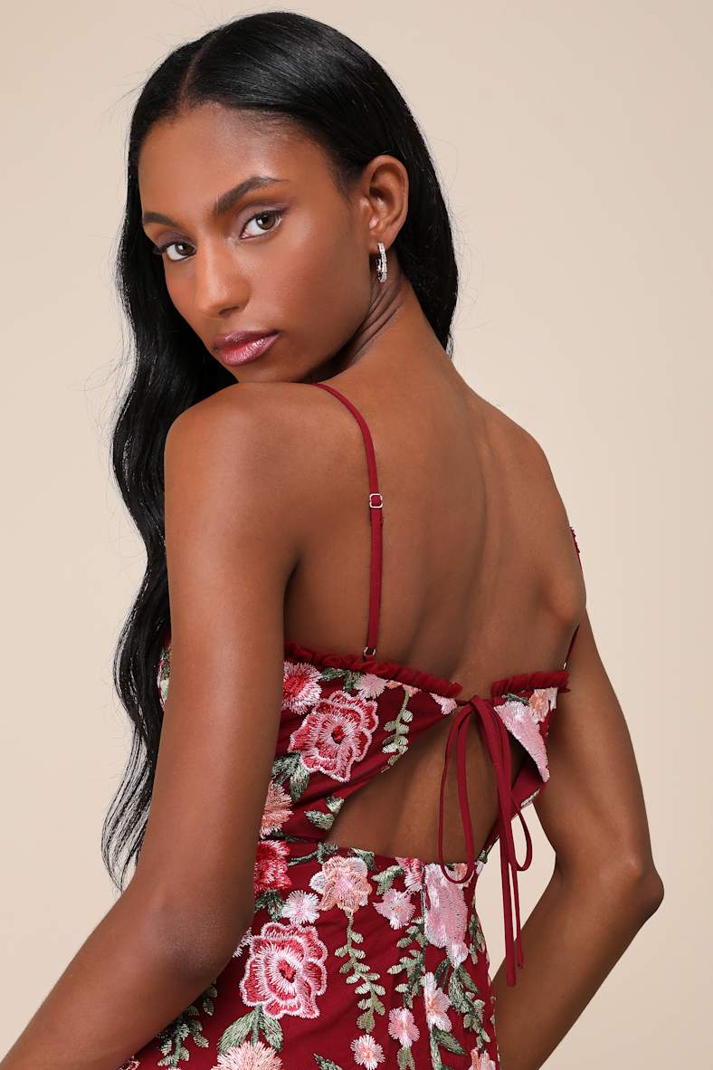 Charmingly Sophisticated Burgundy Tulle Embroidered Midi Dress