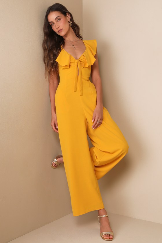 Lulus Flawless Life Marigold Ruffled Cutout Cropped Jumpsuit In Yellow