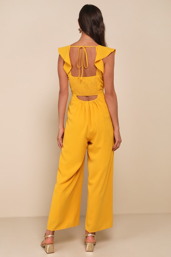 Lulus Flawless Life Marigold Ruffled Cutout Cropped Jumpsuit In Yellow