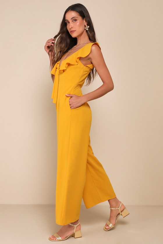 Lulus Flawless Life Marigold Ruffled Cutout Cropped Jumpsuit In Yellow