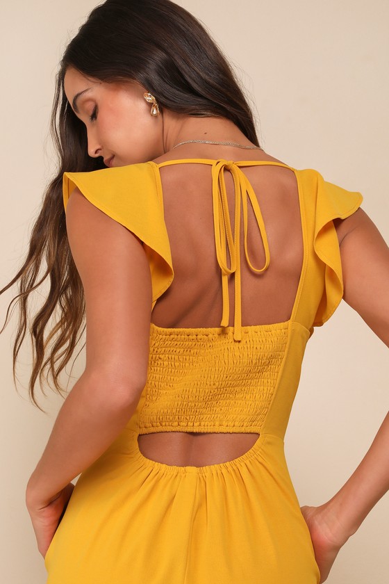 Lulus Flawless Life Marigold Ruffled Cutout Cropped Jumpsuit In Yellow