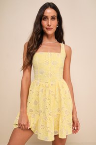 Bright Personality Yellow Embroidered Floral Skater Mini Dress 1