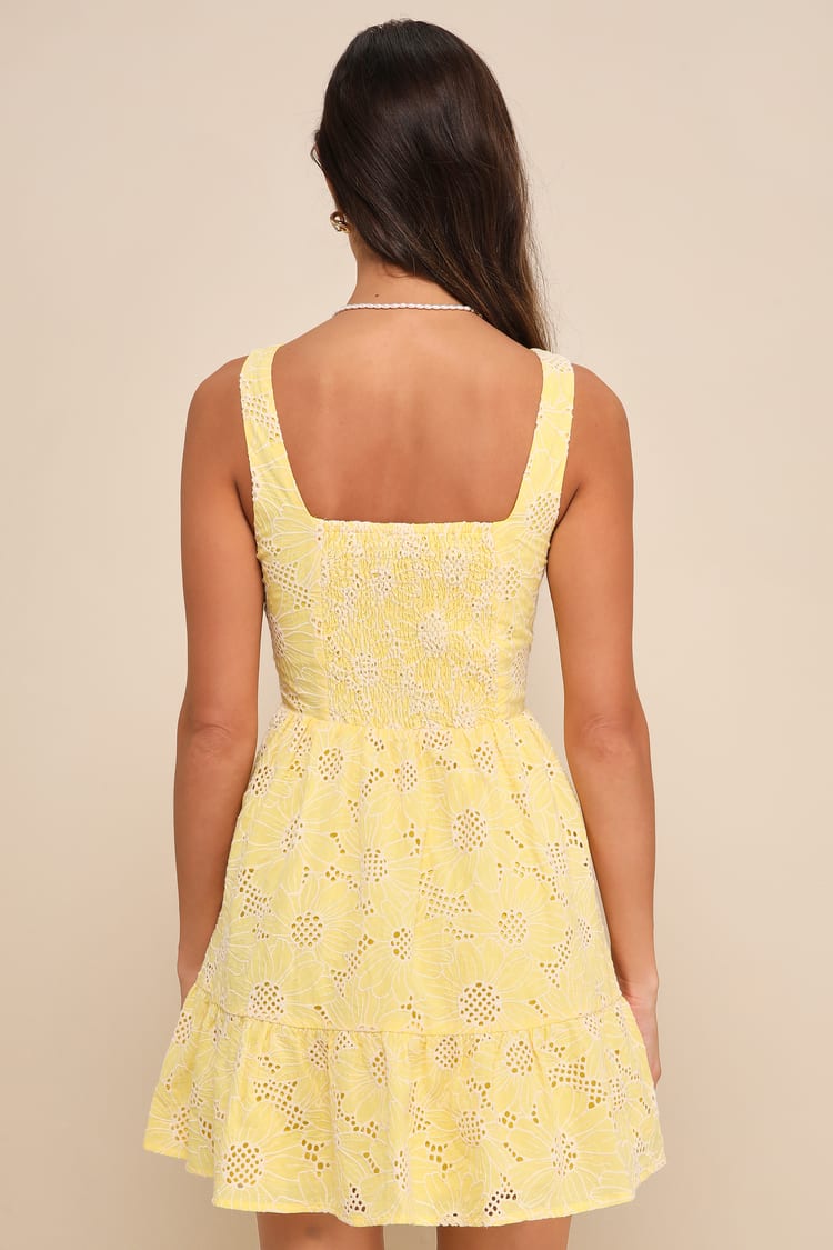 Bright Personality Yellow Embroidered Floral Skater Mini Dress