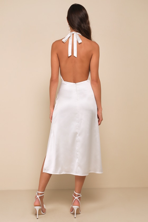 ◆Since Then◆ Timeless halterneck dress White Satin Halter Dress - A-Line Midi Dress - Plunge Neck