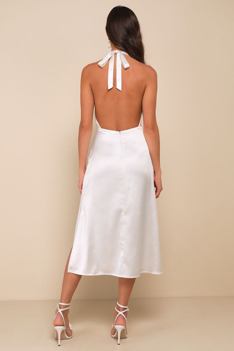 White Satin Halter Dress - A-Line Midi Dress - Plunge Neck Dress - Lulus