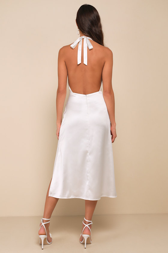 White Satin Halter Dress - A-Line Midi Dress - Plunge Neck Dress - Lulus