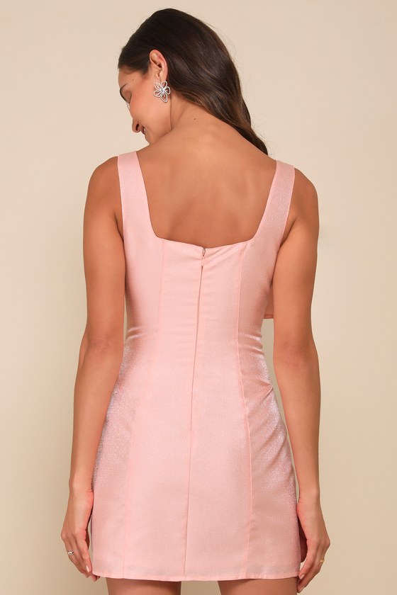 LULUS EXCEPTIONALLY PRECIOUS SHINY PEACH PINK RIBBON BOW MINI DRESS 
