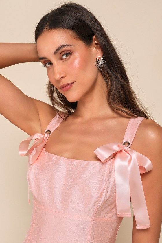 LULUS EXCEPTIONALLY PRECIOUS SHINY PEACH PINK RIBBON BOW MINI DRESS 