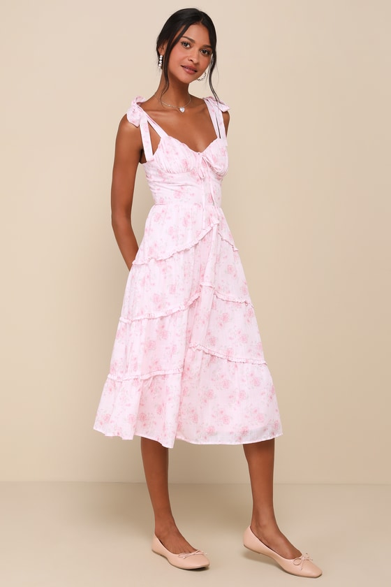 Lulus Unbelievably Darling Pink Floral Buster Tie-strap Midi Dress In Pink