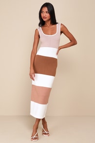 Easily Gorgeous Ivory and Brown Striped Midi Sweater Dress