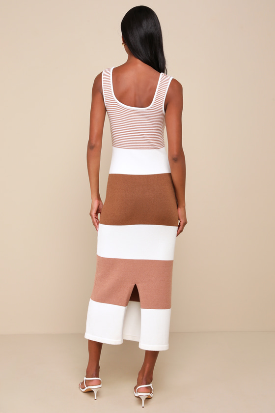 Lulus Easily Gorgeous Ivory And Brown Striped Midi Sweater Dress In Ivory