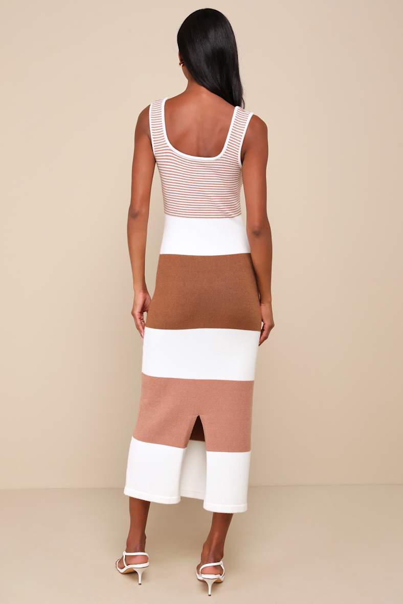 Easily Gorgeous Ivory and Brown Striped Midi Sweater Dress