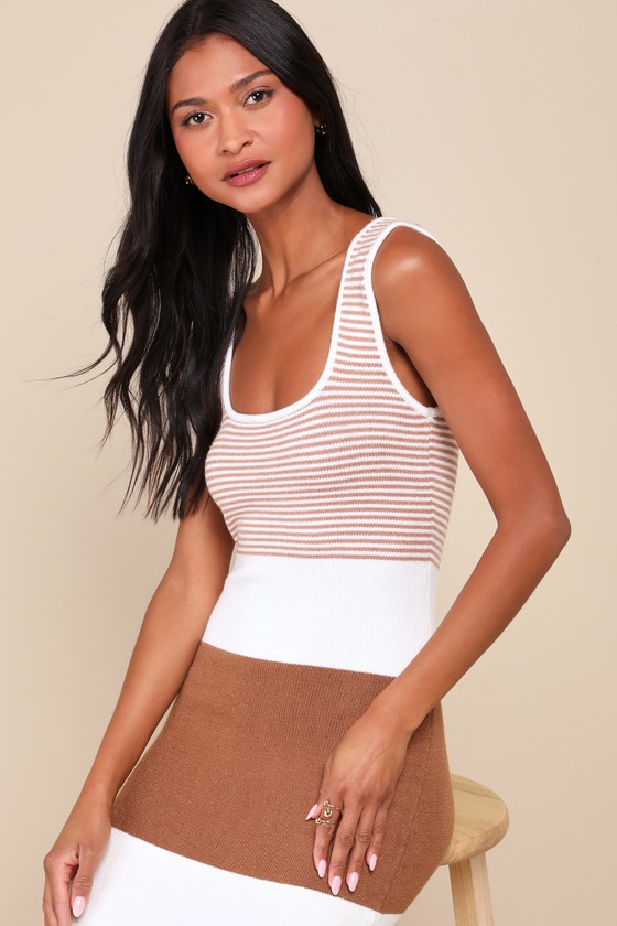 Lulus Easily Gorgeous Ivory And Brown Striped Midi Sweater Dress In Ivory