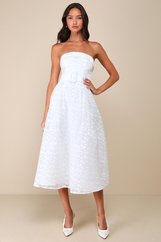 Shop Lulus Enviable Grace White Burnout Strapless Belted Midi Dress