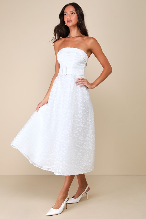 Shop Lulus Enviable Grace White Burnout Strapless Belted Midi Dress