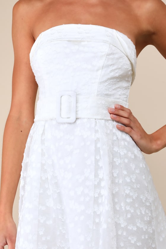 Shop Lulus Enviable Grace White Burnout Strapless Belted Midi Dress