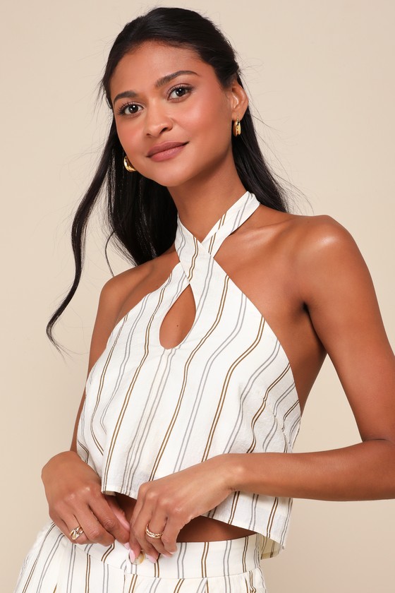 LULUS BREEZY CHARACTER CREAM MULTI STRIPED TWO-PIECE HALTER JUMPSUIT