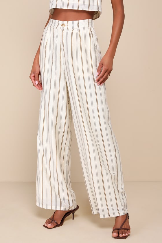 LULUS BREEZY CHARACTER CREAM MULTI STRIPED TWO-PIECE HALTER JUMPSUIT