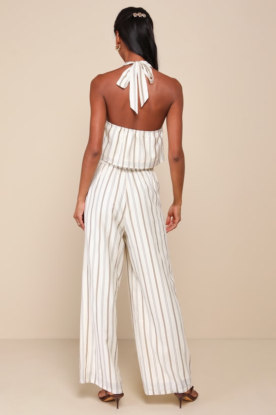 LULUS BREEZY CHARACTER CREAM MULTI STRIPED TWO-PIECE HALTER JUMPSUIT