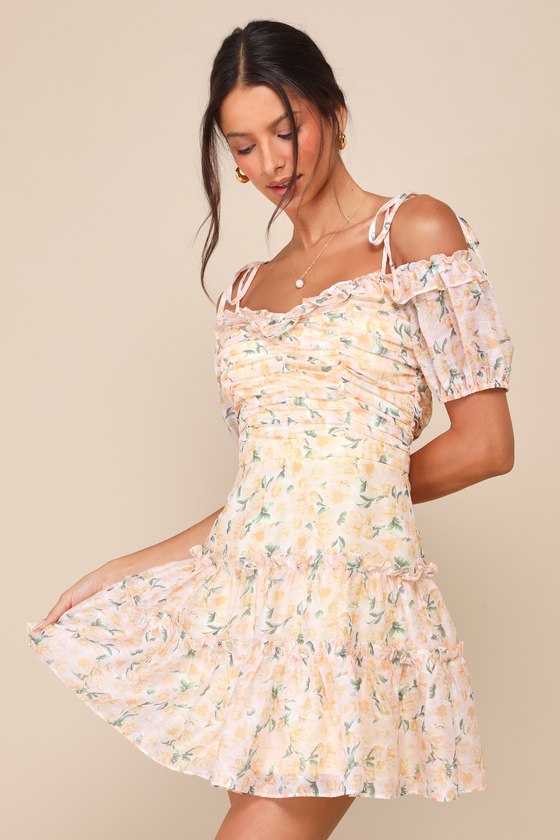 Lulus Memorably Cute Blush Pink Floral Off-the-shoulder Mini Dress In Blush Pink