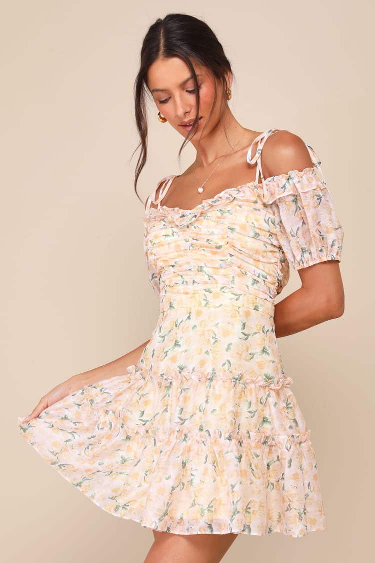 Blush Pink Floral Dress - Off-the-Shoulder Dress - Mini Dress - Lulus