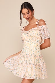 Memorably Cute Blush Pink Floral Off-the-Shoulder Mini Dress 1