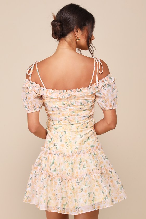 Lulus Memorably Cute Blush Pink Floral Off-the-shoulder Mini Dress In Blush Pink