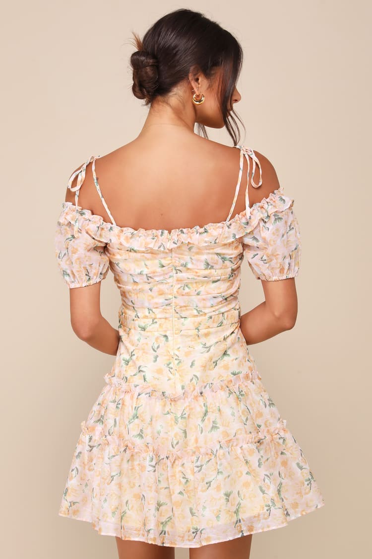 Memorably Cute Blush Pink Floral Off-the-Shoulder Mini Dress