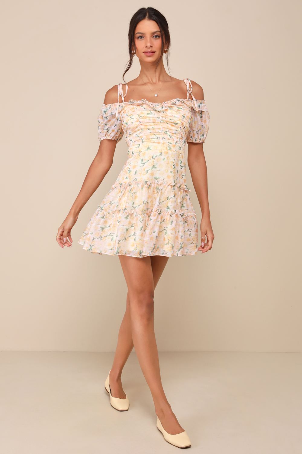Memorably Cute Blush Pink Floral Off-the-Shoulder Mini Dress