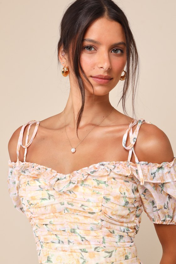 Lulus Memorably Cute Blush Pink Floral Off-the-shoulder Mini Dress In Blush Pink