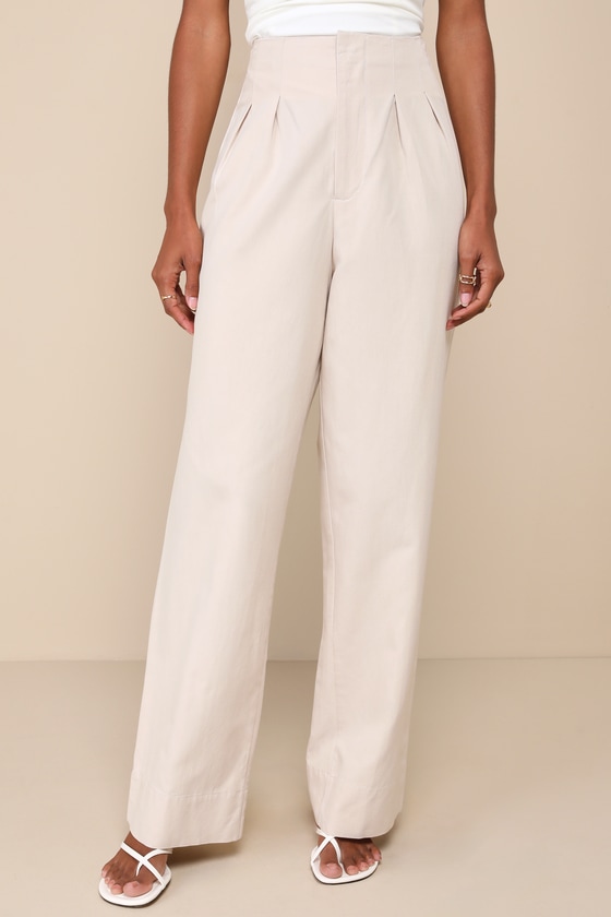 Beige Pleated Pants - High-Rise Pants - Wide-Leg Pants Beige Pleated Pants - High-Rise Pants - Wide-Leg Pants