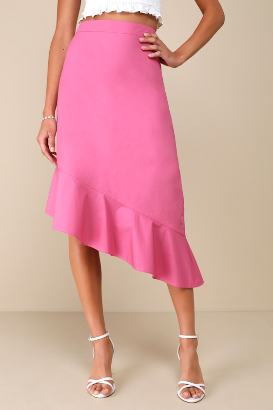Lulus Sweet Destiny Pink Asymmetrical Ruffled Midi Skirt In Pink