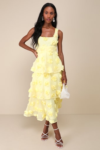 Exceptional Entrance Yellow Sleeveless Tiered Rosette Midi Dress 5