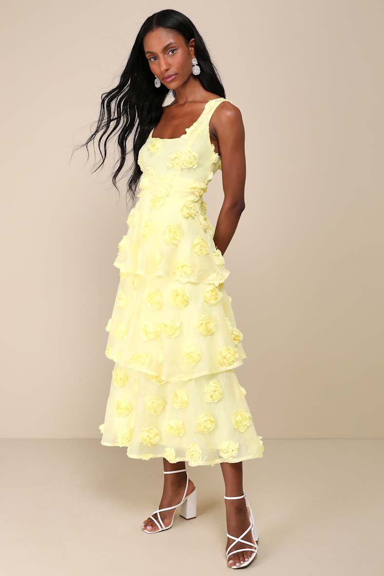 Exceptional Entrance Yellow Sleeveless Tiered Rosette Midi Dress