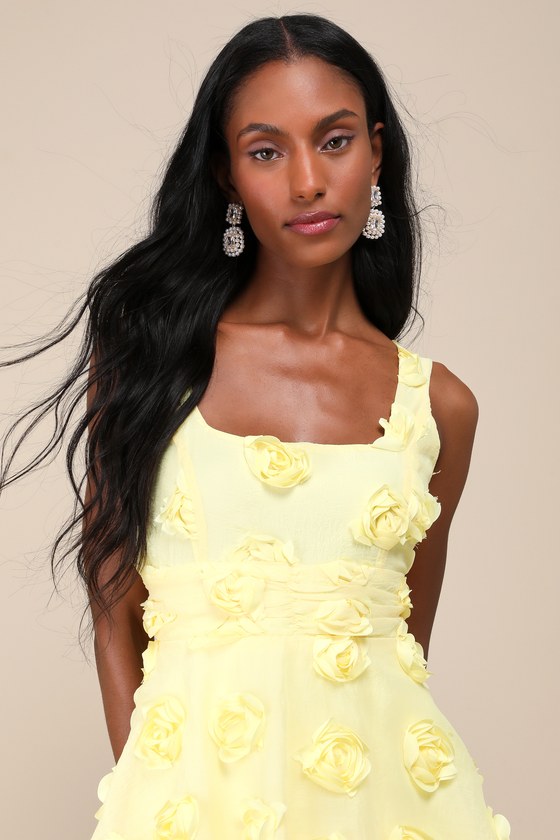 Lulus Exceptional Entrance Yellow Sleeveless Tiered Rosette Midi Dress In Yellow
