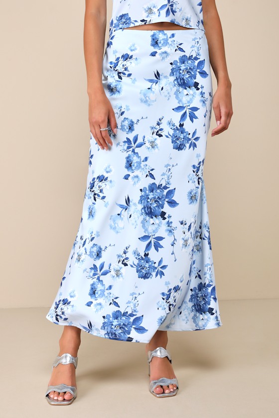 Charming Excellence Light Blue Floral Satin Midi Skirt 4
