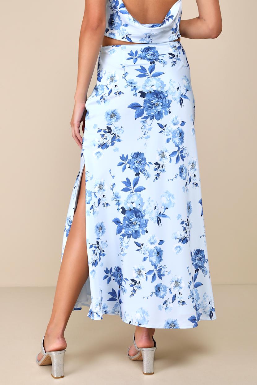 Charming Excellence Light Blue Floral Satin Midi Skirt