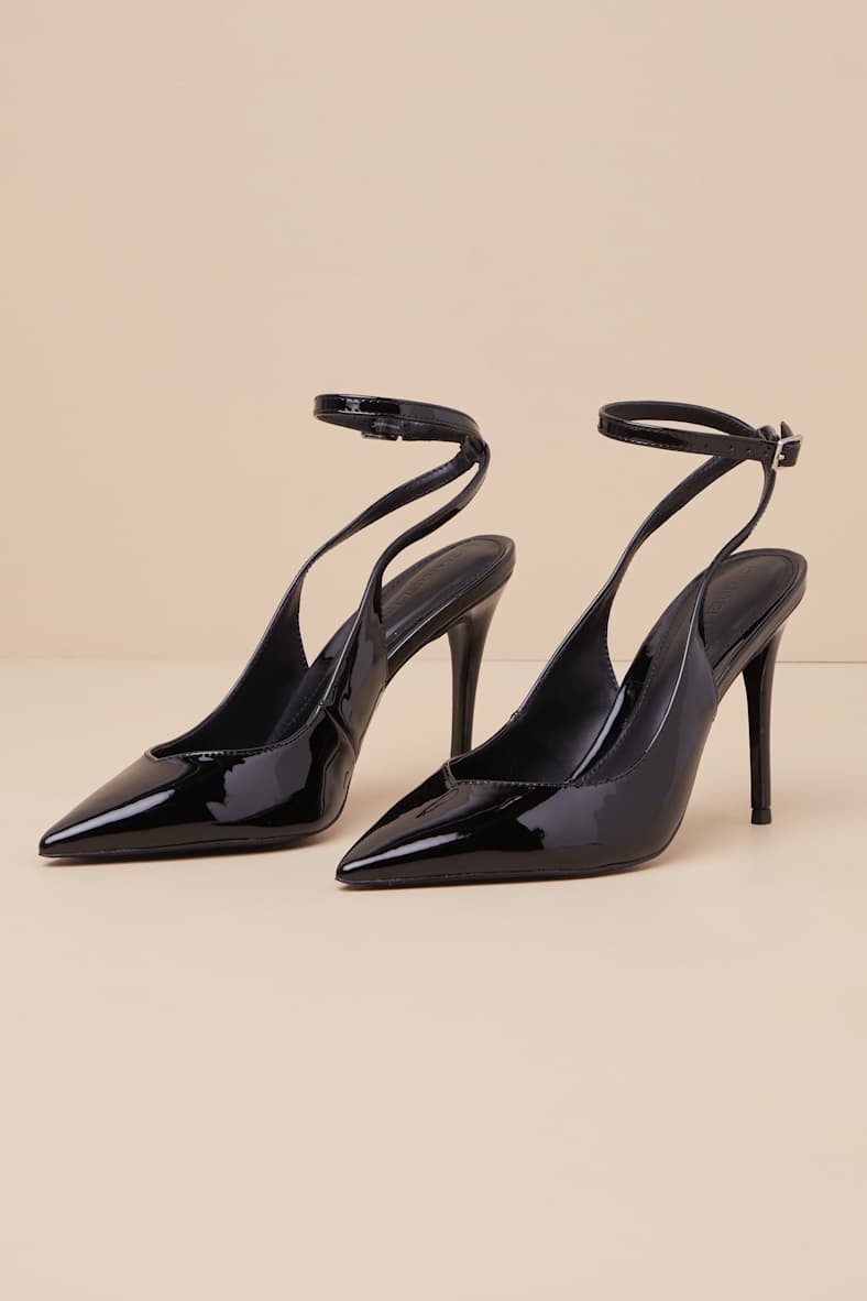 Kamila Black Soft Patent Ankle Strap Pumps