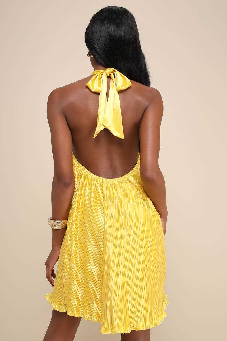 Pretty Aura Yellow Satin Plisse Mock Neck Mini Swing Dress