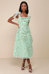 Effortlessly Sweet Sage Tulle 3D Floral Tie-Strap Midi Dress