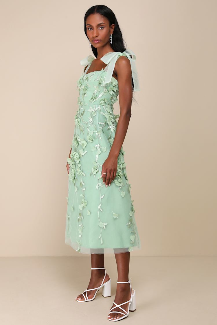 Effortlessly Sweet Sage Tulle 3D Floral Tie-Strap Midi Dress