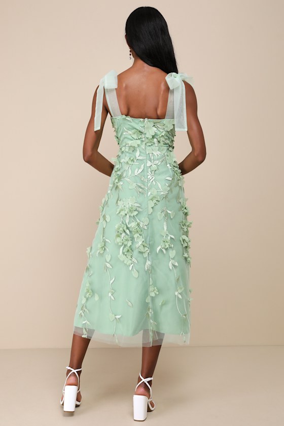 Lulus Effortlessly Sweet Sage Tulle 3d Floral Tie-strap Midi Dress In Green