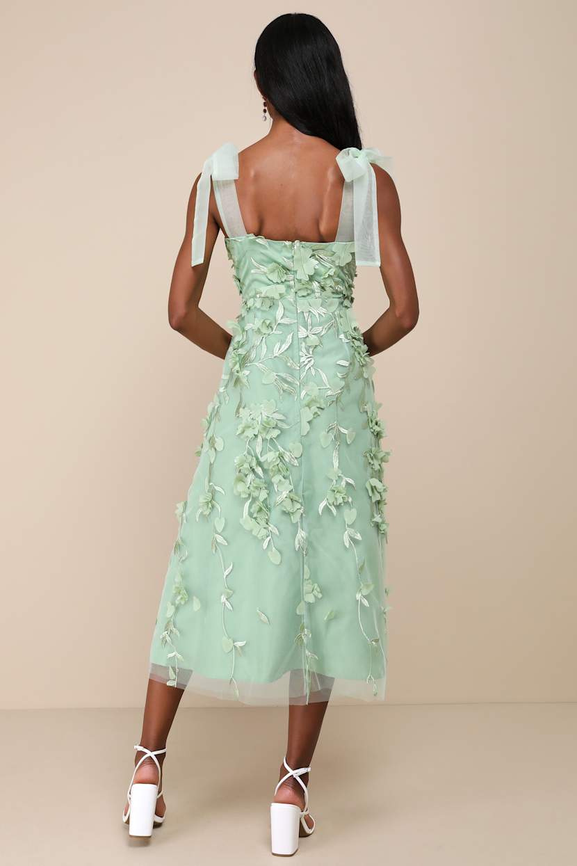 Effortlessly Sweet Sage Tulle 3D Floral Tie-Strap Midi Dress