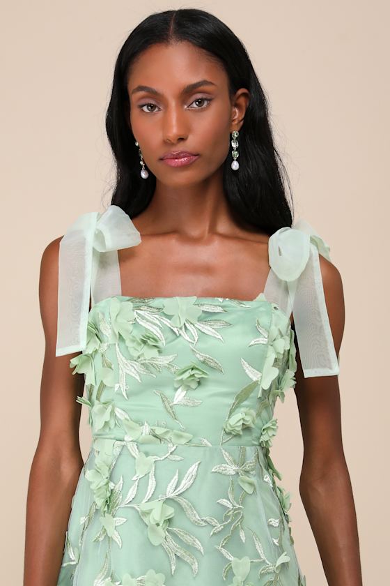 Lulus Effortlessly Sweet Sage Tulle 3d Floral Tie-strap Midi Dress In Green