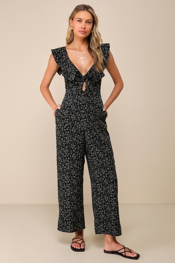 Lulus Flawless Life Black Floral Ruffled Cutout Cropped Jumpsuit In Black