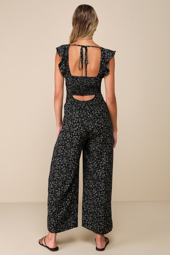 Lulus Flawless Life Black Floral Ruffled Cutout Cropped Jumpsuit In Black