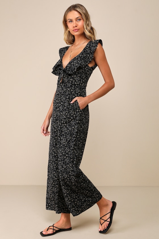 Lulus Flawless Life Black Floral Ruffled Cutout Cropped Jumpsuit In Black