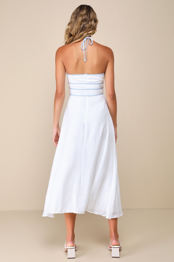 Lulus Memorably Adorable White Textured Halter Contrast Midi Dress In White