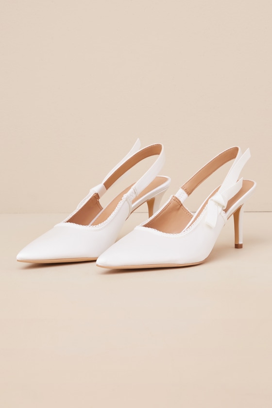 Ancolie White Satin Bow Pointed-Toe Slingback Pumps 1
