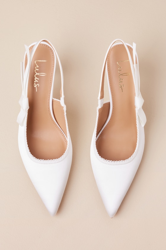 Lulus Ancolie White Satin Bow Pointed-toe Slingback Pumps In White